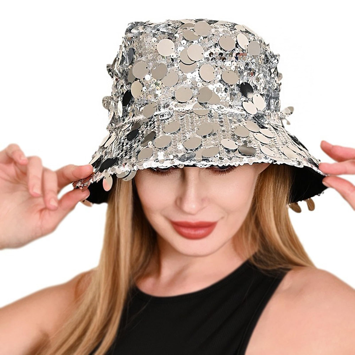 VASTLUCKY shiny sequined bucket hat front view highlighting sparkle and sun protection.