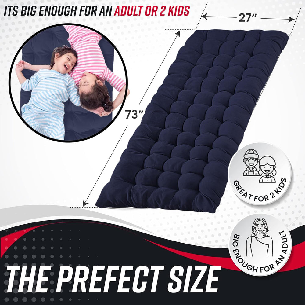 VaygWay blue soft cotton mattress for comfortable sleeping on a camping cot.