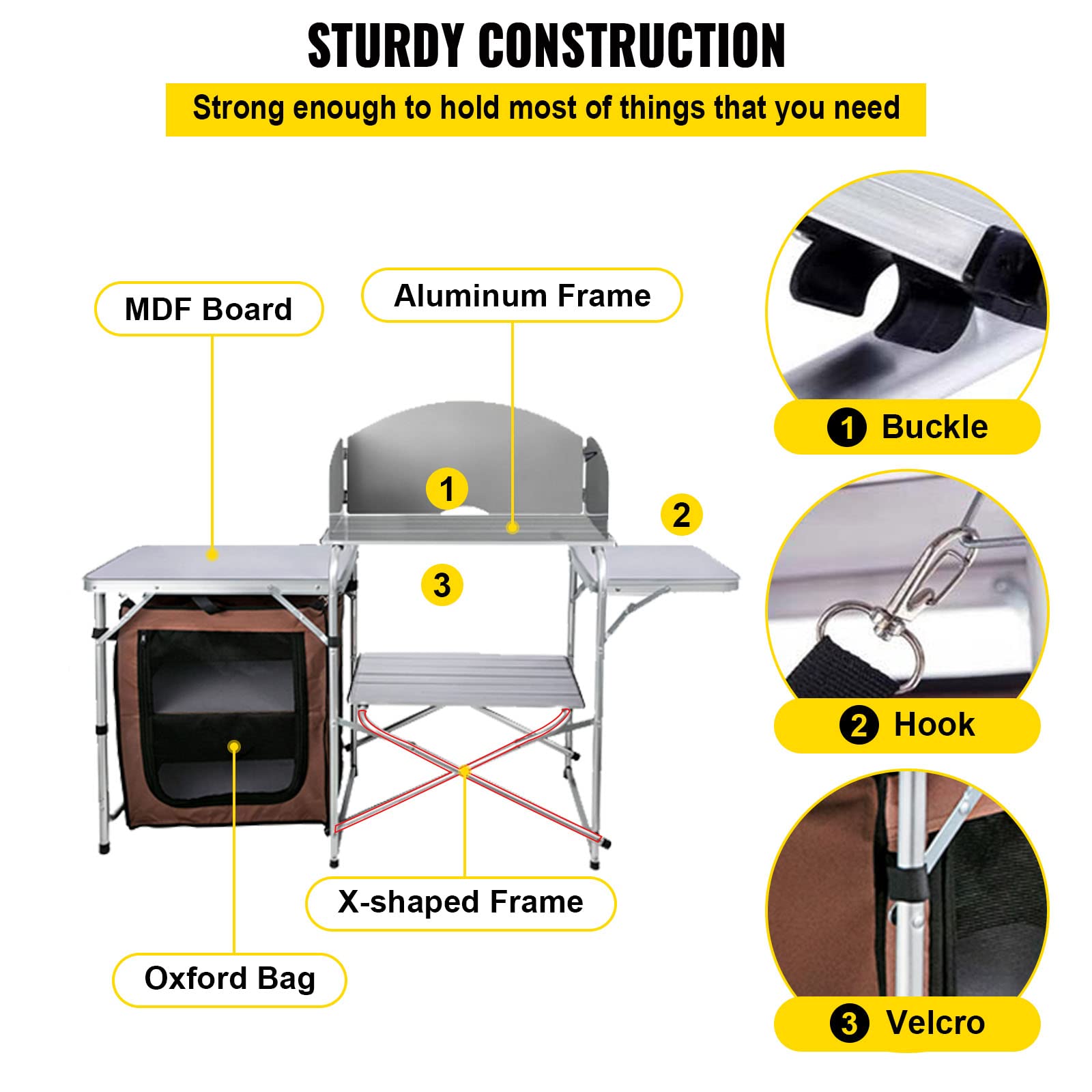 VBENLEM camping kitchen durable MDF tabletop easy to clean.