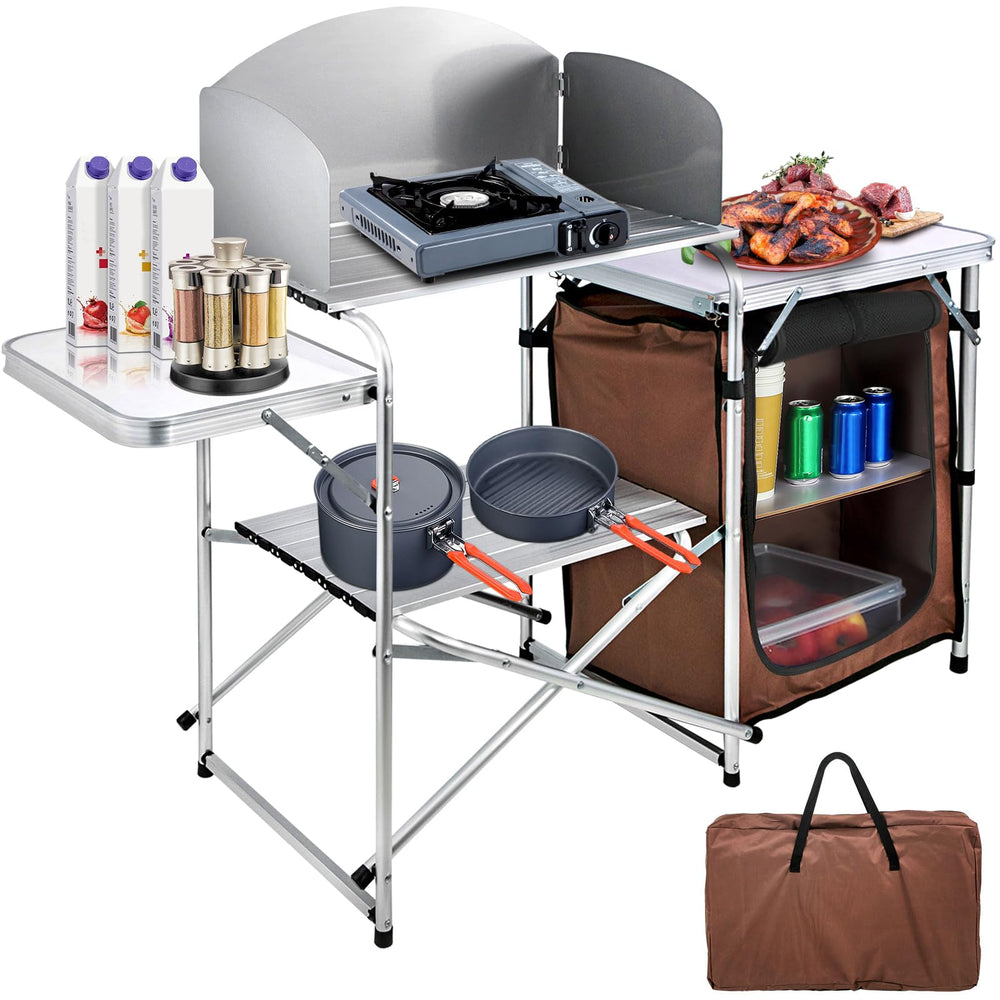 VBENLEM camping kitchen table folded for compact carry and storage.
