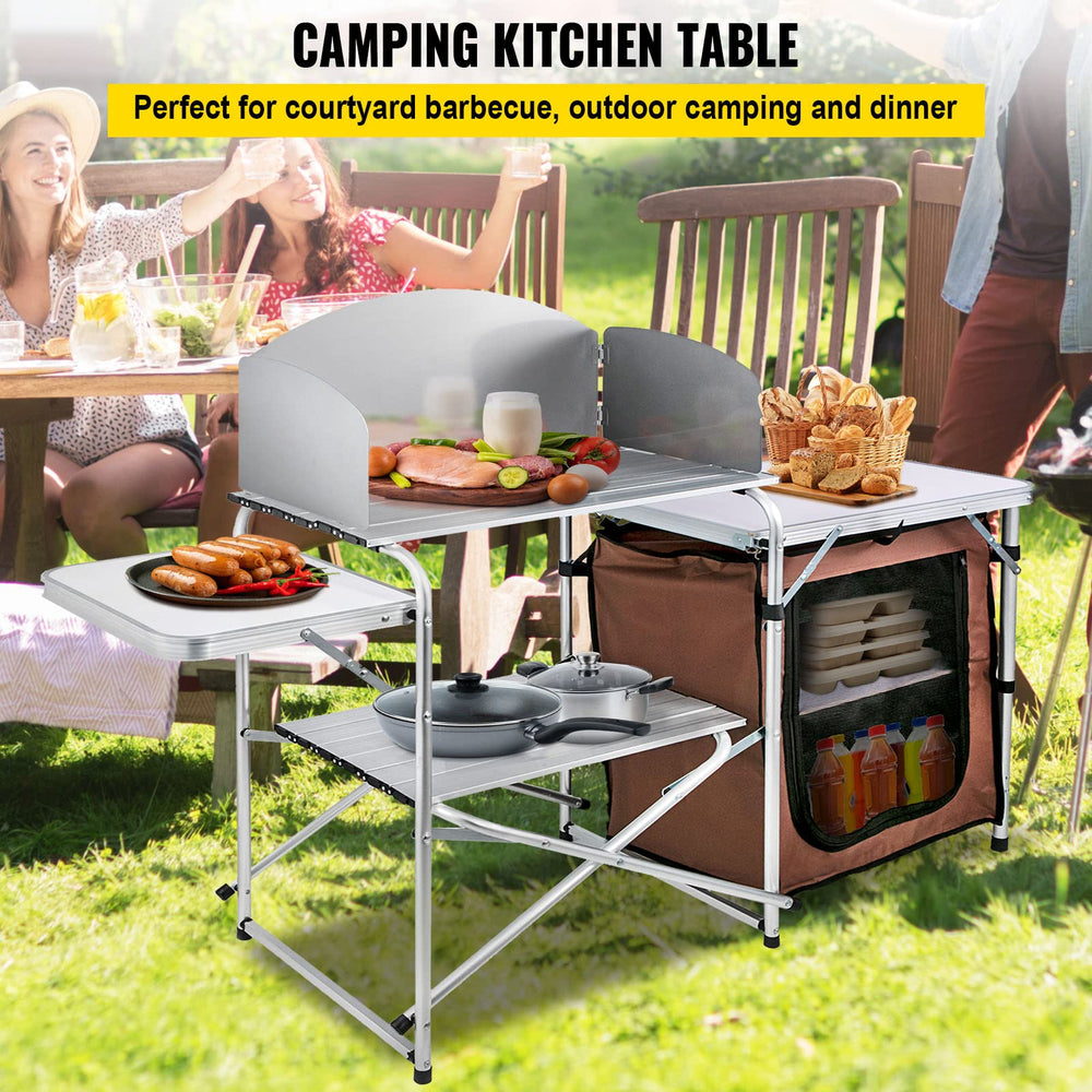 VBENLEM camping kitchen with windscreens protecting cookware outdoors.
