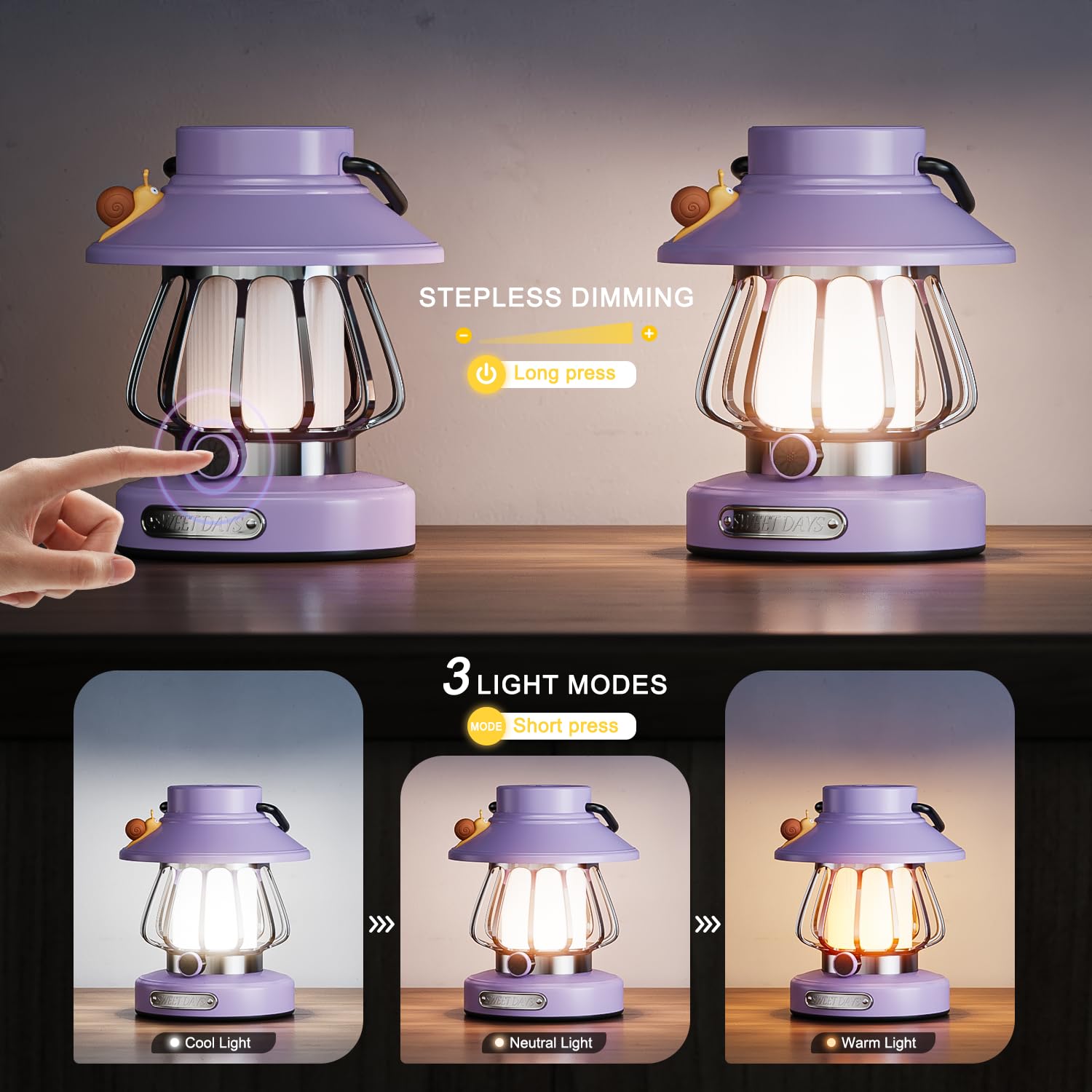 V.C.Formark snail-lantern violet, kid-safe construction, durable for playful drops.