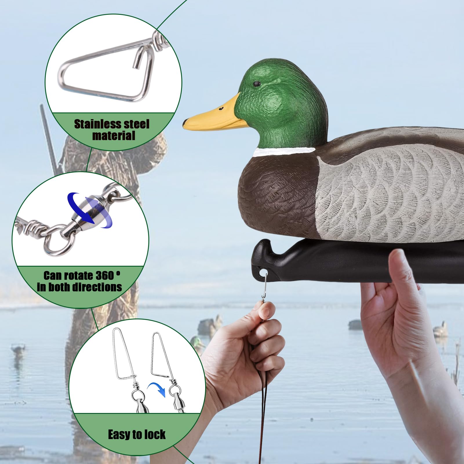 Vecacosic ball-bearing swivel clip reduces tangling for smooth decoy handling during hunts.