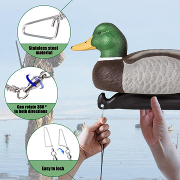 Vecacosic ball-bearing swivel clip reduces tangling for smooth decoy handling during hunts.