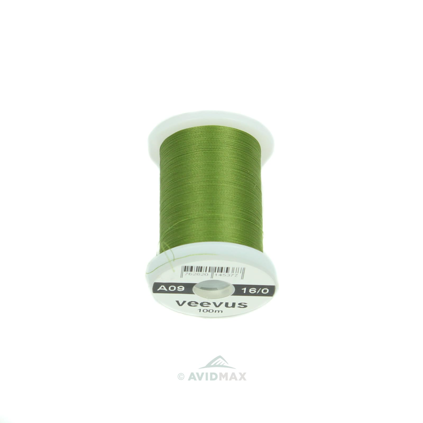 Veevus 16/0 olive thread on a spool, ideal for precise tying and color matching.