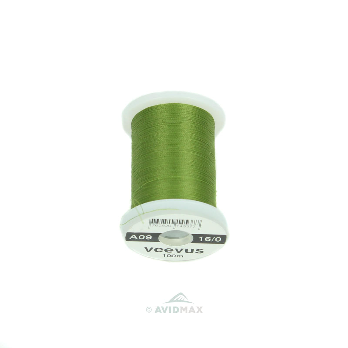 Veevus 16/0 olive thread on a spool, ideal for precise tying and color matching.
