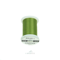 Veevus 16/0 olive thread on a spool, ideal for precise tying and color matching.