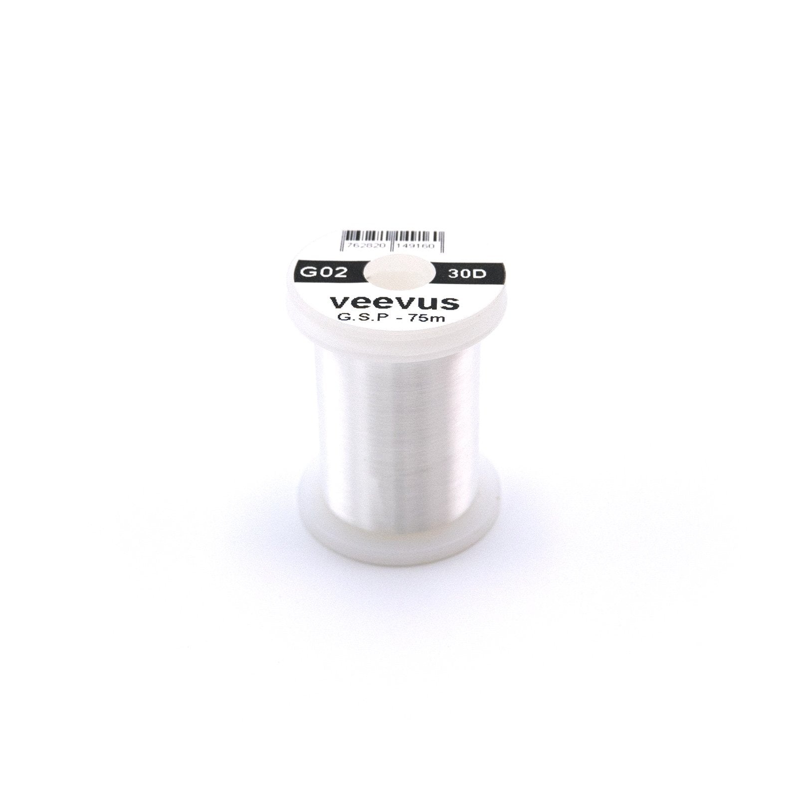 Veevus G.S.P Thread 30 Denier White spool, providing extra strength and flat, smooth tying.