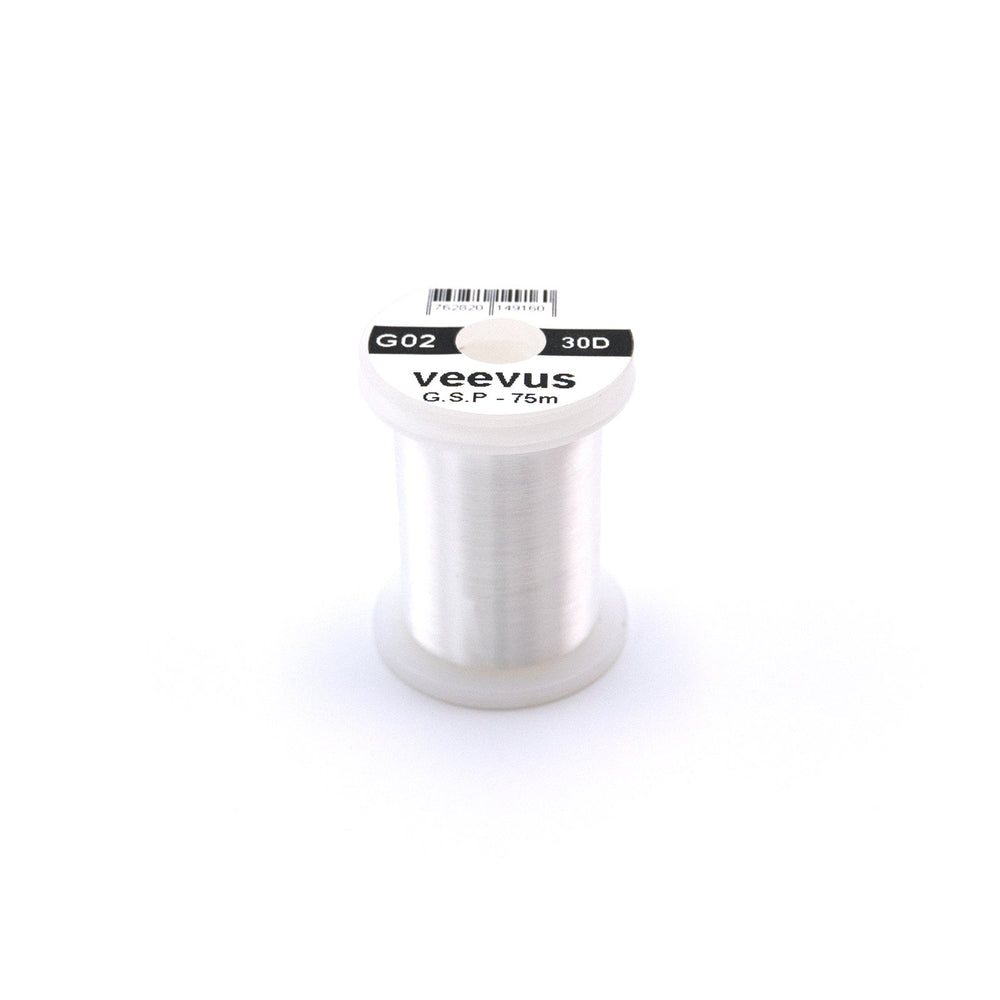 Veevus G.S.P Thread 30 Denier White spool, providing extra strength and flat, smooth tying.