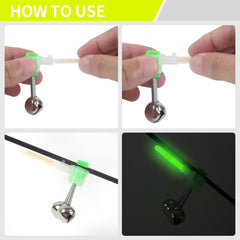 Green glow sticks with bite alarm bells attached to gear