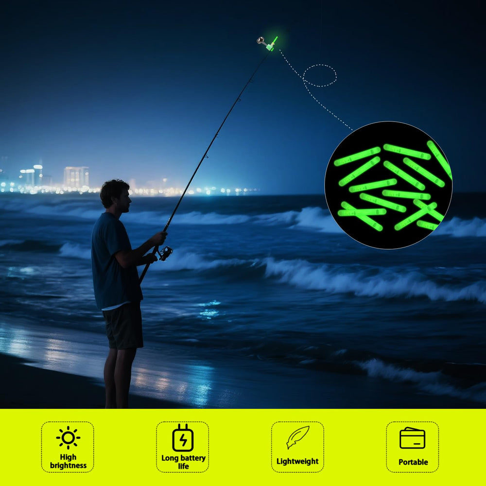 Glow sticks attached to thin-tail float and fishing rod