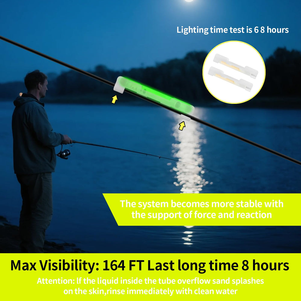 Night fishing setup with glow sticks on floats and rod tips