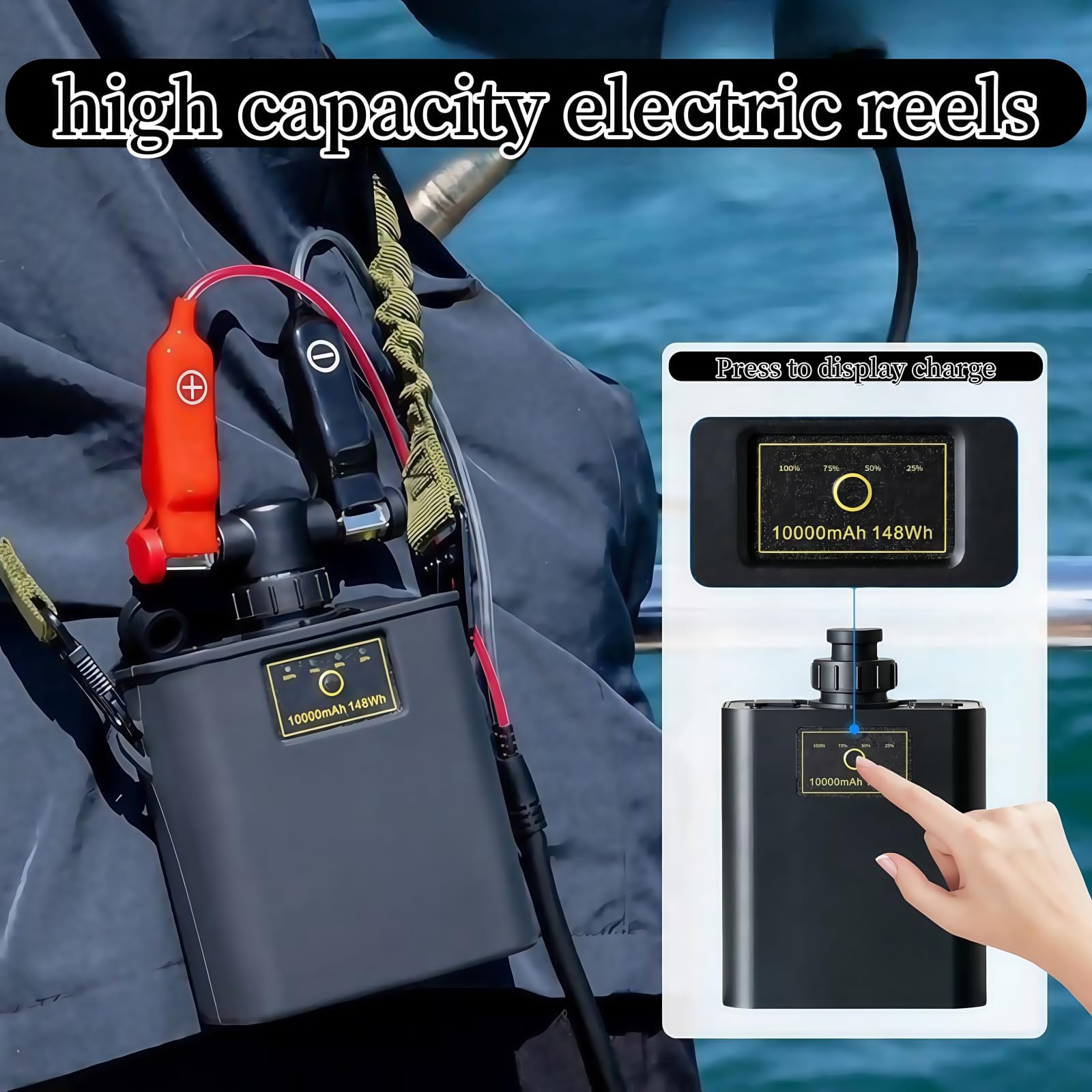 Velycein battery USB port available for on-site charging during fishing