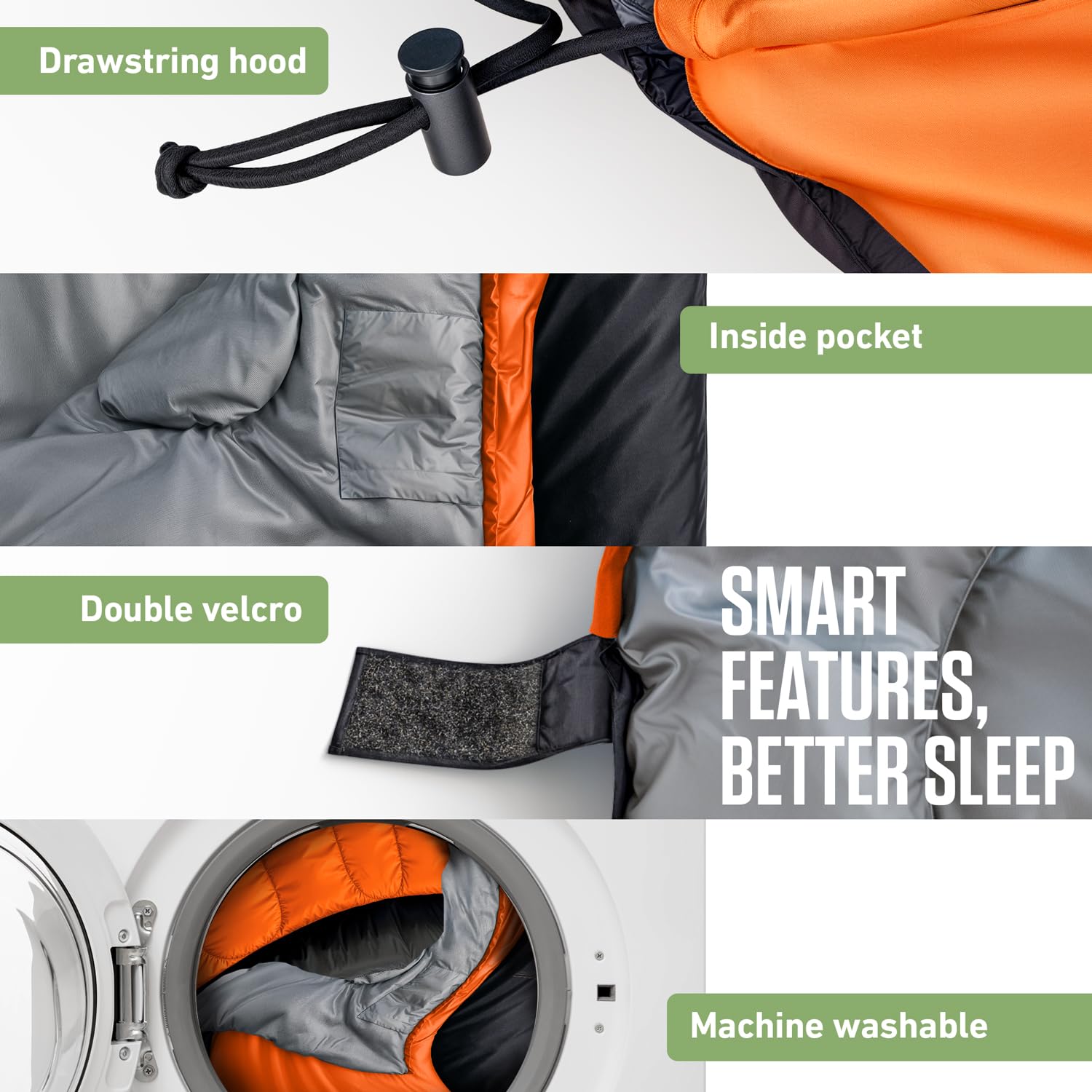 VENTURE 4TH orange-gray sleeping bag near campfire demonstrates cozy camping comfort.
