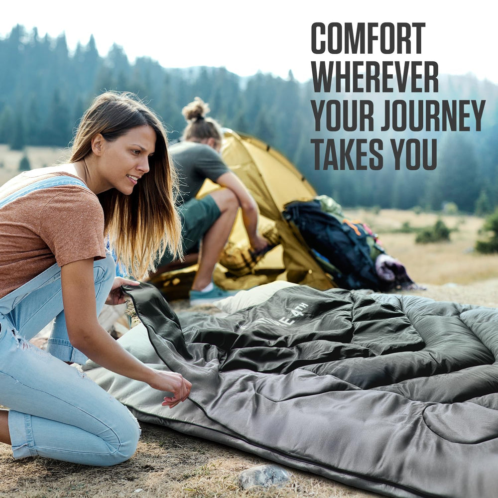 VENTURE 4TH sleeping bag 3 season warmth image illustrates versatile temps from spring to fall
