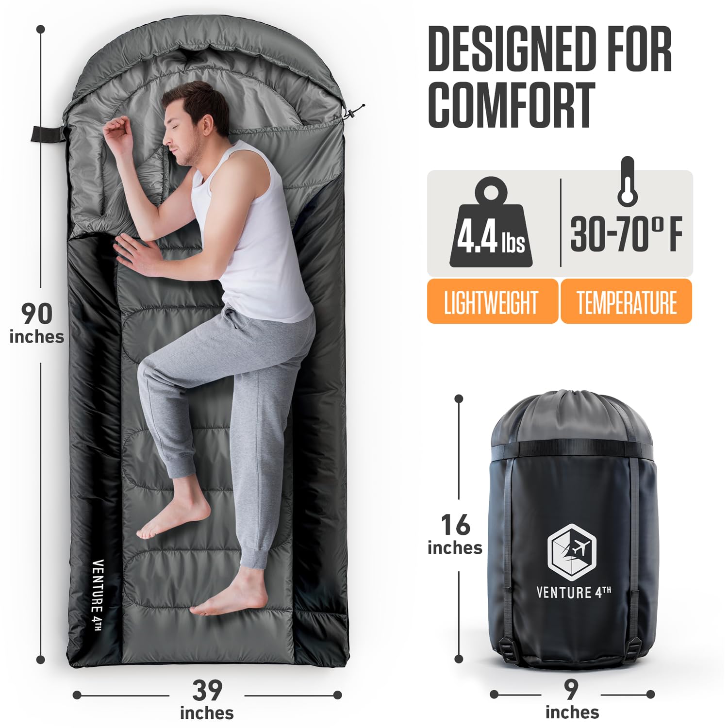 VENTURE 4TH sleeping bag laid flat showing XXL 90x39 inches for extra room.