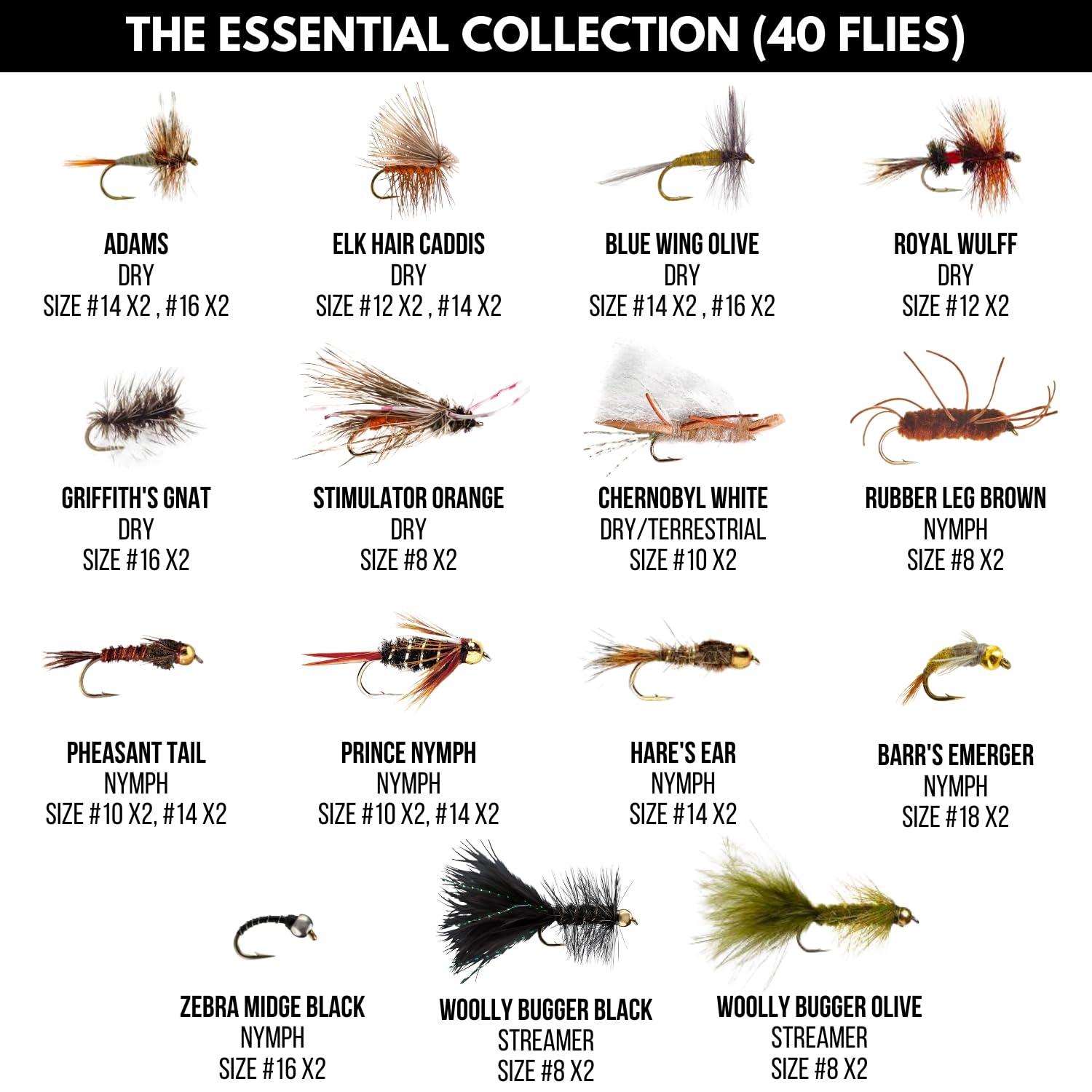 Dry flies included in the Ventures Fly Co. 40-flies set