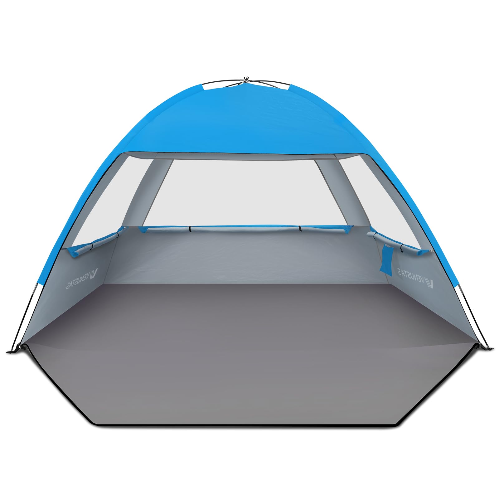 Venustas beach tent exterior assembled in sunny beach setting showing spacious shade