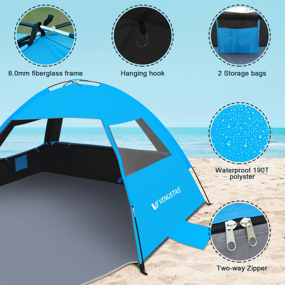 Venustas Beach Tent spacious-interior enables relaxed seating for family on the sand.