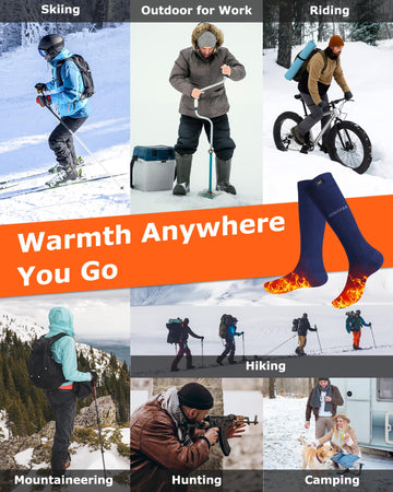 Venustas heated socks emphasize comfort-fit fabric and reinforced knit for durability.
