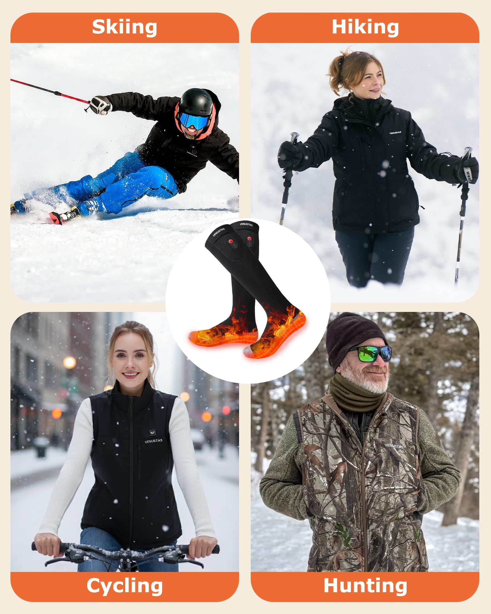 Venustas heated socks used during outdoor activities like skiing and hunting