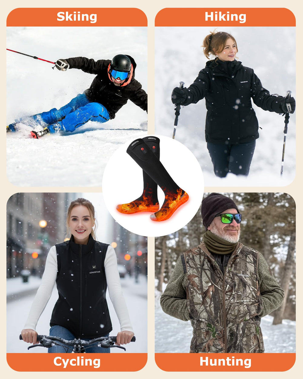 Venustas heated socks used during outdoor activities like skiing and hunting