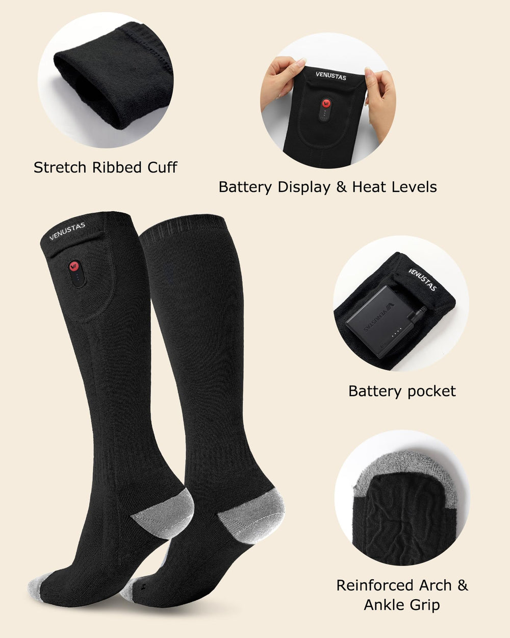 Venustas heated socks with three heat settings for customizable warmth