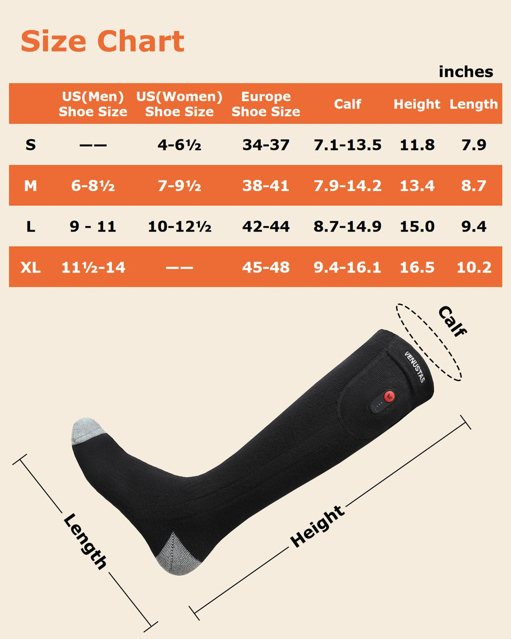 Venustas heated socks in unisex fit suitable for men and women