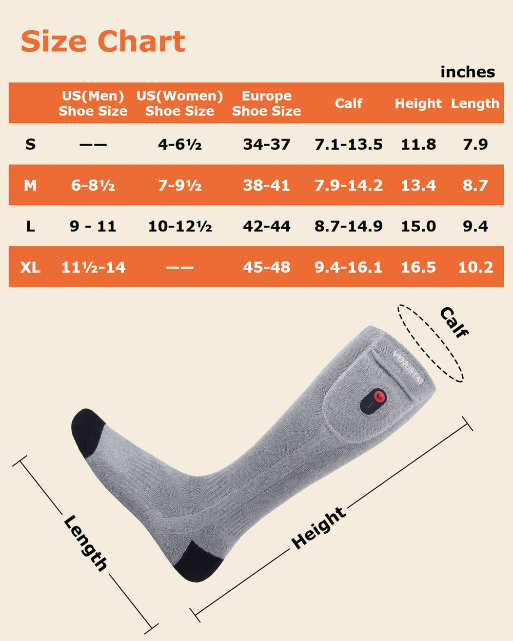 Venustas heated socks have a unisex fit with snug cuffs.
