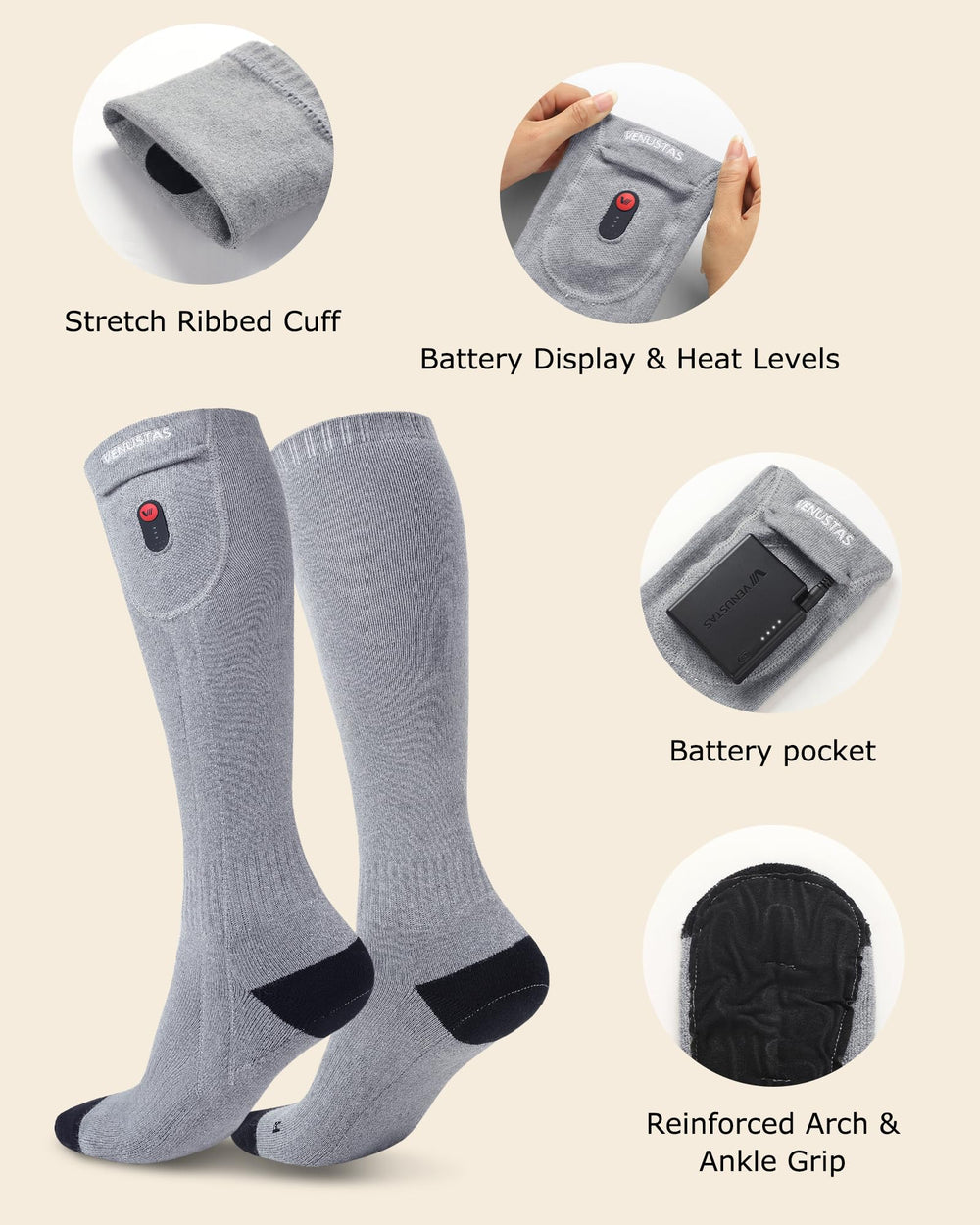 Venustas heated socks offer up to 14 hours of warmth on low settings.