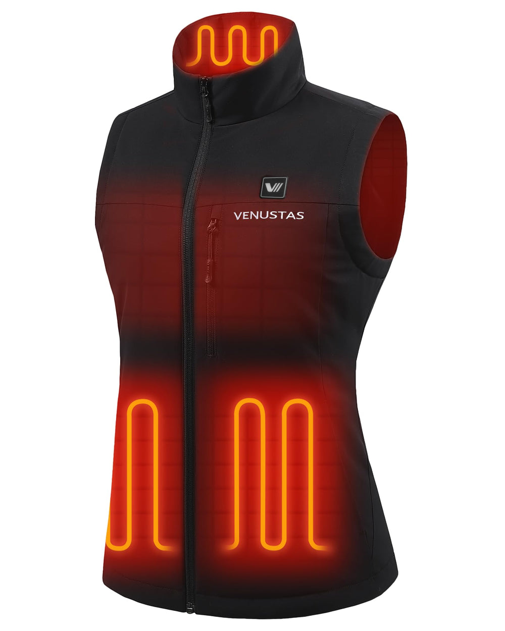 Venustas heated softshell vest front view, slim fit warmth for outdoor activities.