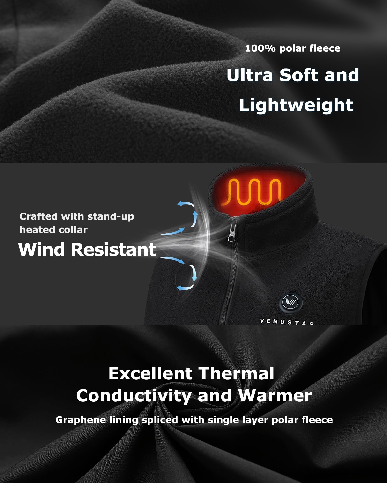 Venustas heated vest shoulder heating zones provide targeted comfort on cold days.