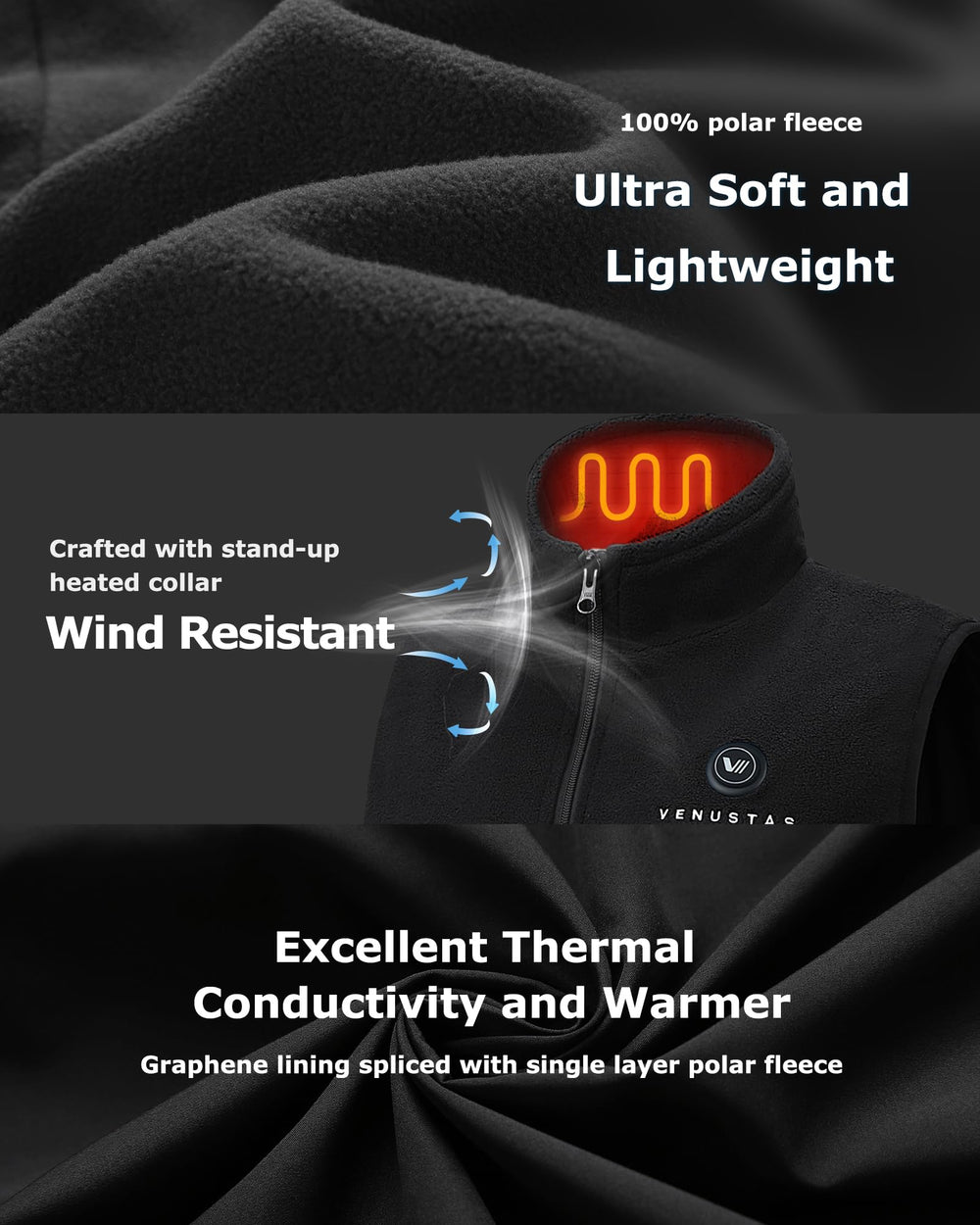 Venustas heated vest shoulder heating zones provide targeted comfort on cold days.