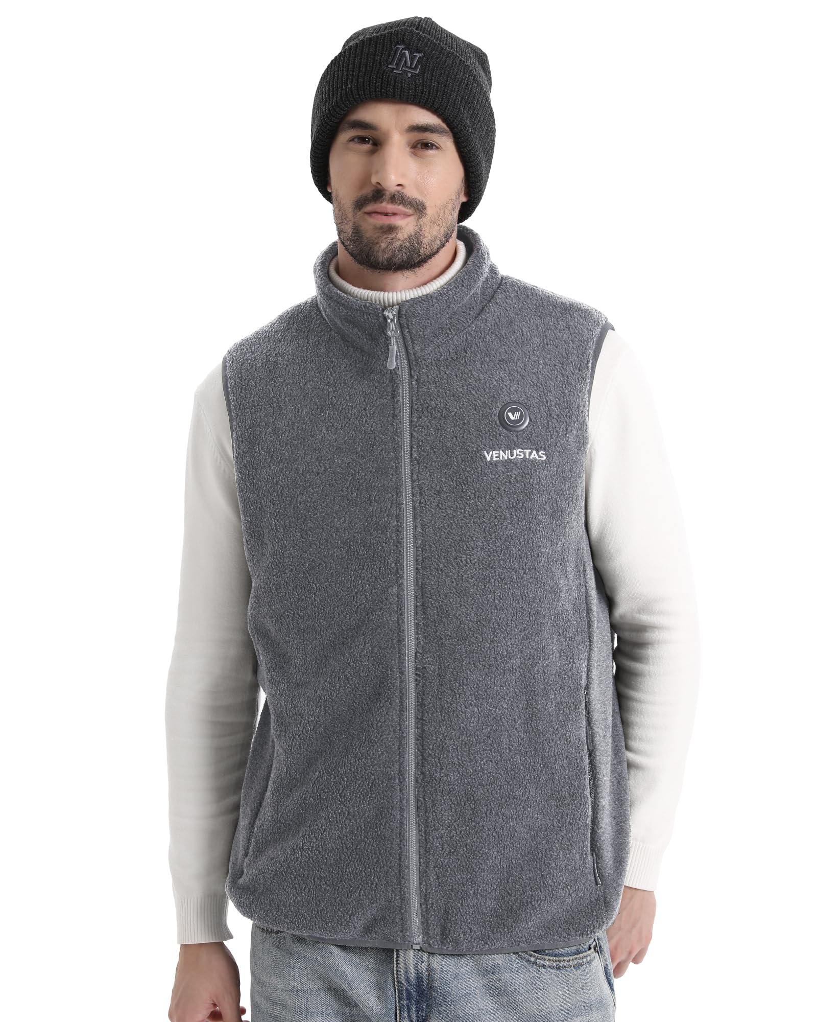 Venustas men's fleece heated vest back view highlights heating panels for full upper body warmth.