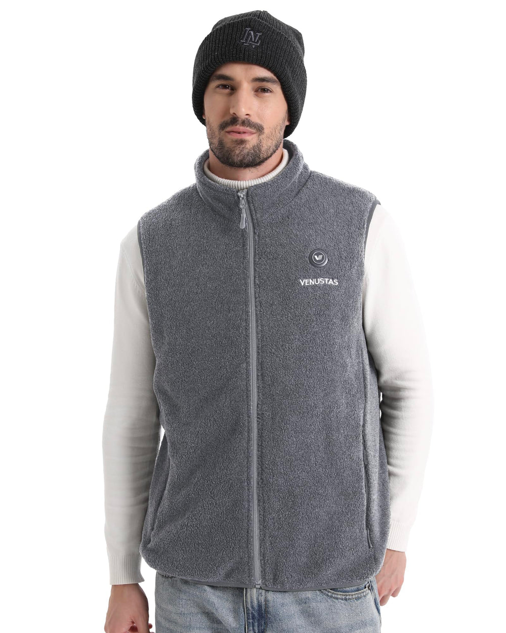 Venustas men's fleece heated vest back view highlights heating panels for full upper body warmth.