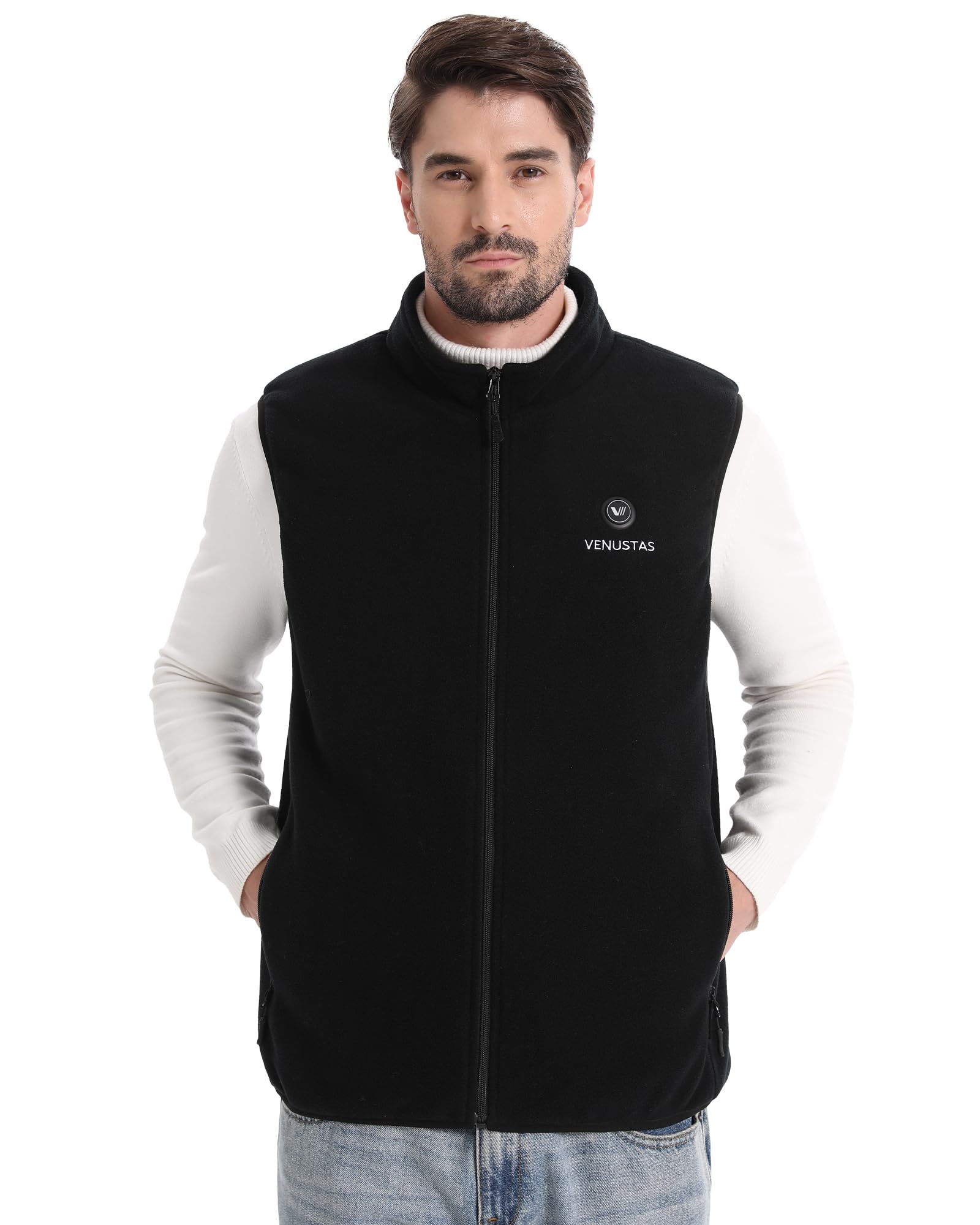 Venustas men's heated vest back view highlights full-back warmth retention.