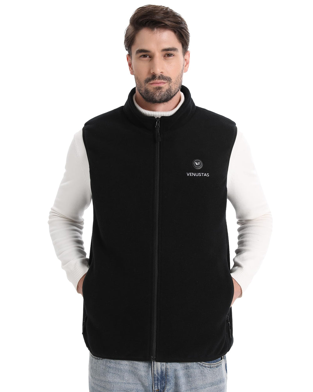 Venustas men's heated vest back view highlights full-back warmth retention.