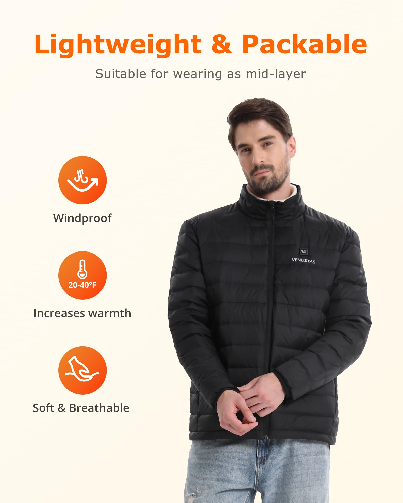 Venustas heated jacket with 6 heating zones delivers all-around warmth for daily wear.