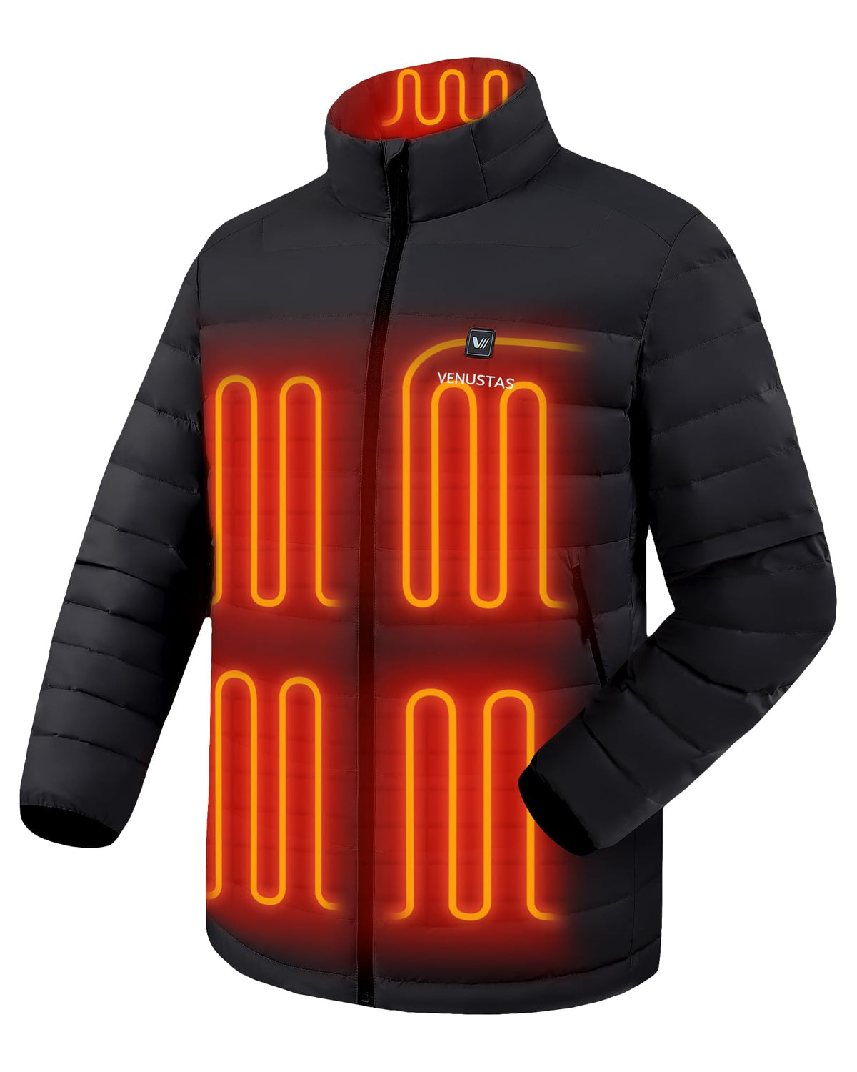 Venustas men's recycled heated down jacket exterior shows windproof protection for cold commutes.