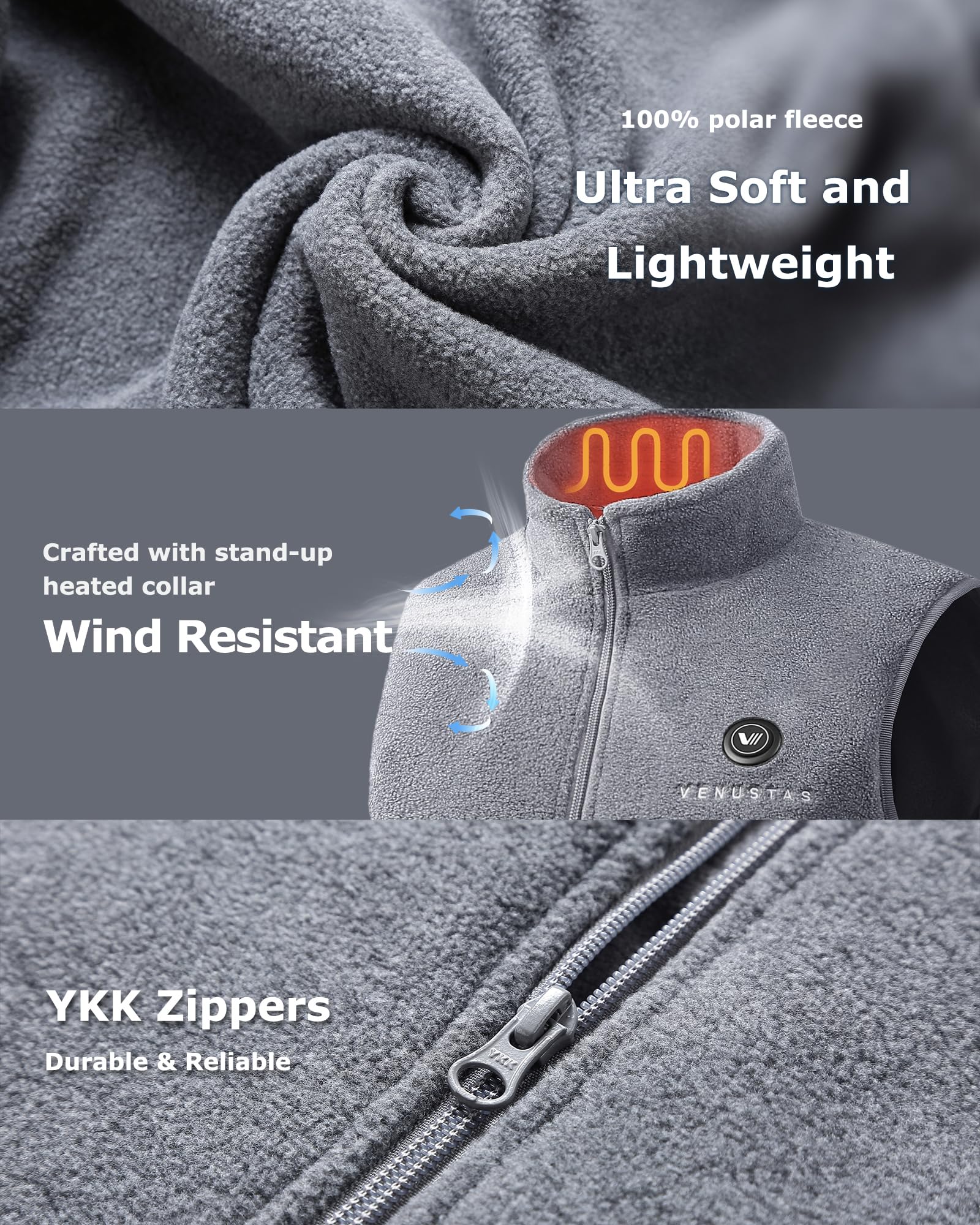 Venustas stand-up collar fleece texture delivers cozy warmth and breathable comfort.