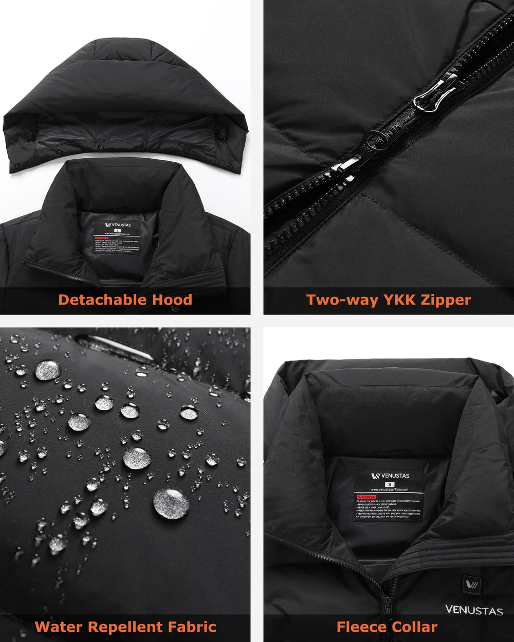 Venustas hooded puffer jacket with removable hood and zipper details