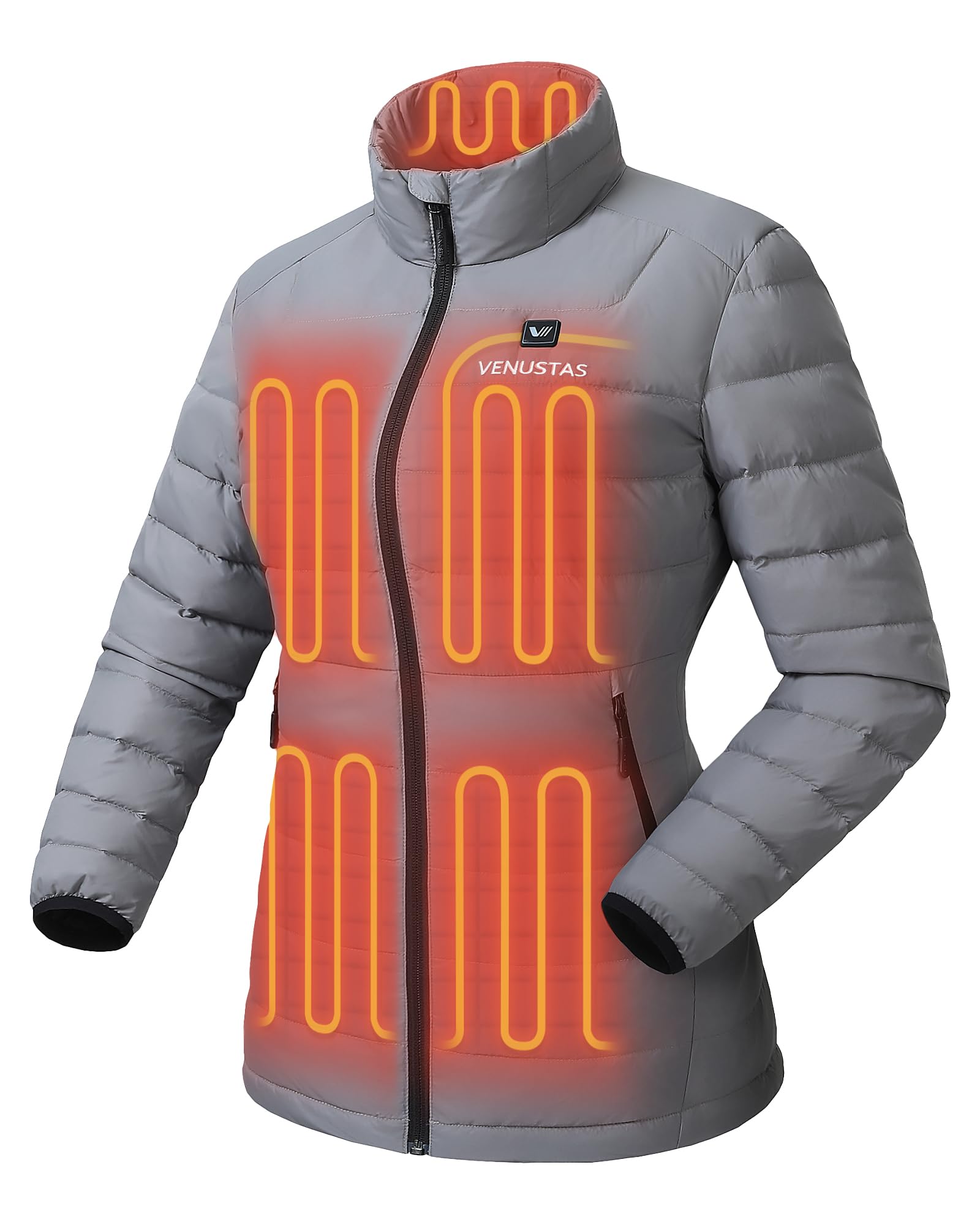 Venustas women's heated-down jacket front view showing sleek warmth-ready silhouette