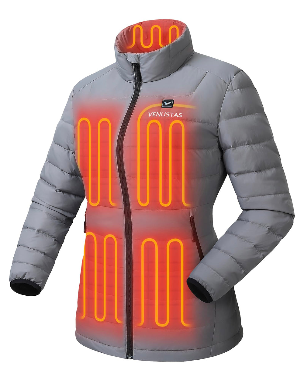 Venustas women's heated-down jacket front view showing sleek warmth-ready silhouette