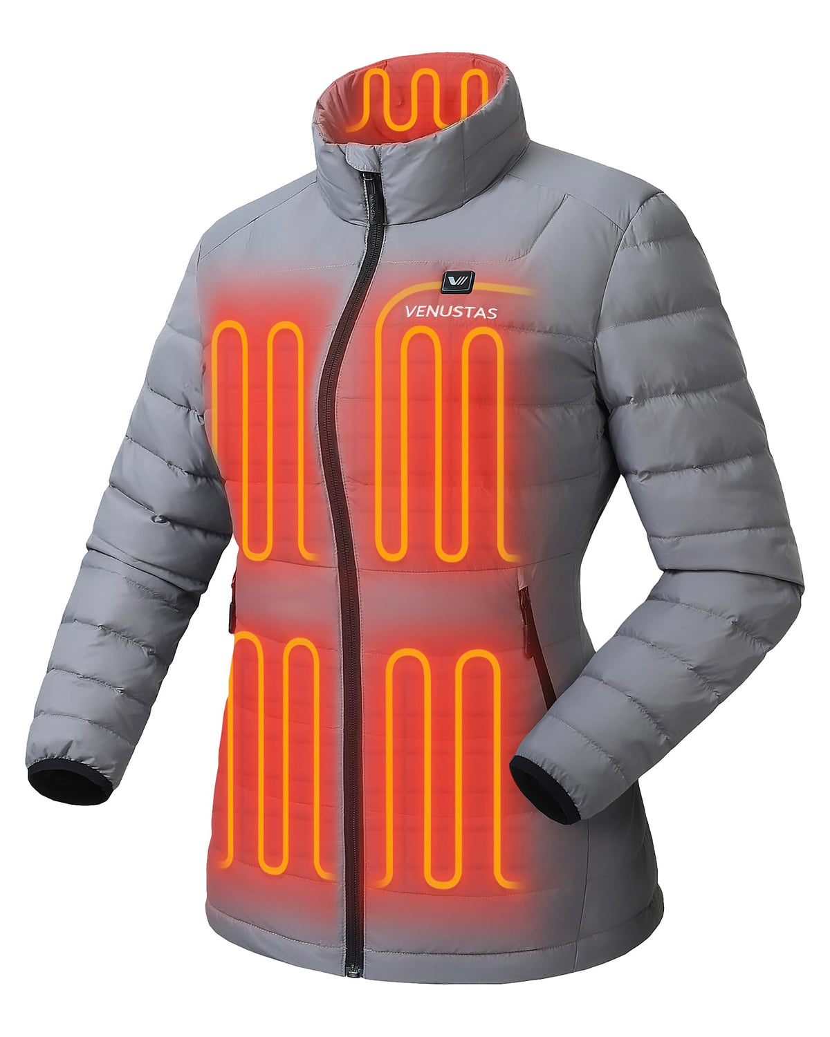Venustas women's heated-down jacket front view showing sleek warmth-ready silhouette