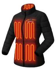 Venustas women's heated jacket exterior shows recycled nylon for weather protection and lightweight warmth.