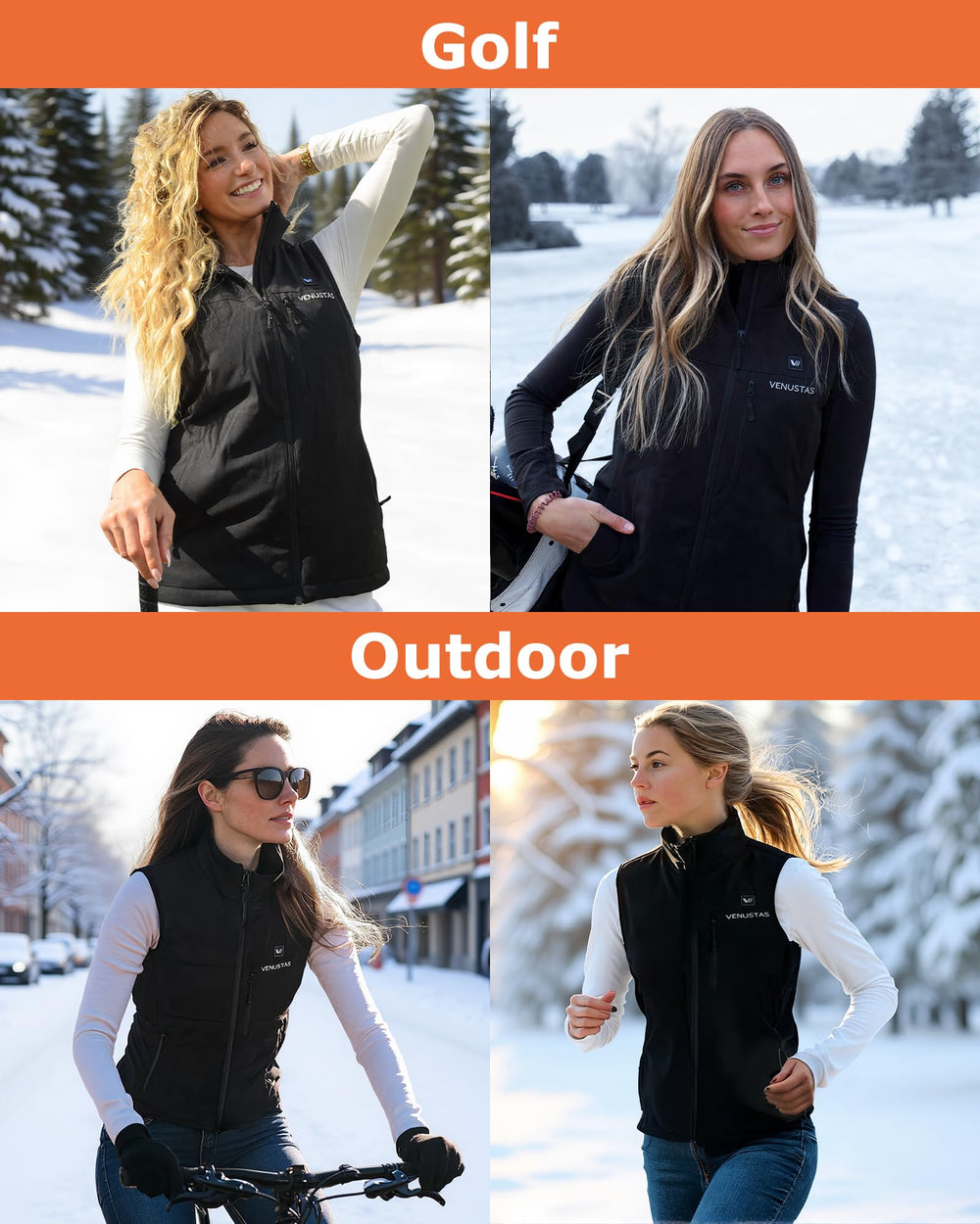 Venustas women's heated softshell vest back view, full-coverage warmth for outdoor adventures