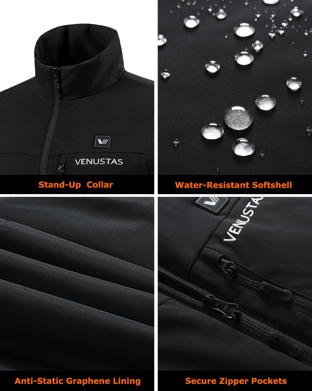 Venustas women's heated softshell vest battery bay shows compact power source for long outings