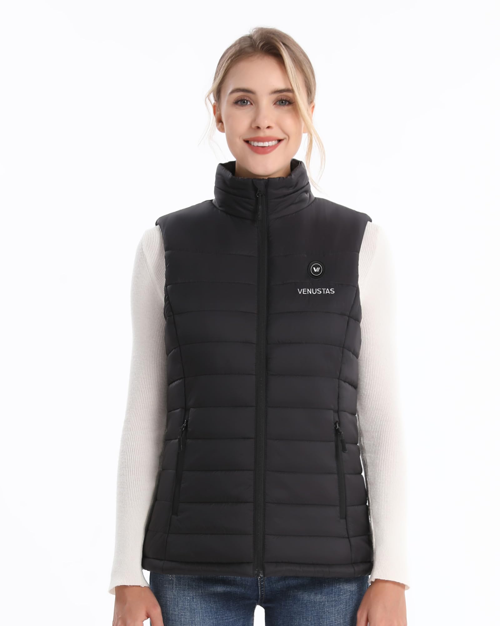 Venustas women's heated vest back view highlighting full-coverage warmth