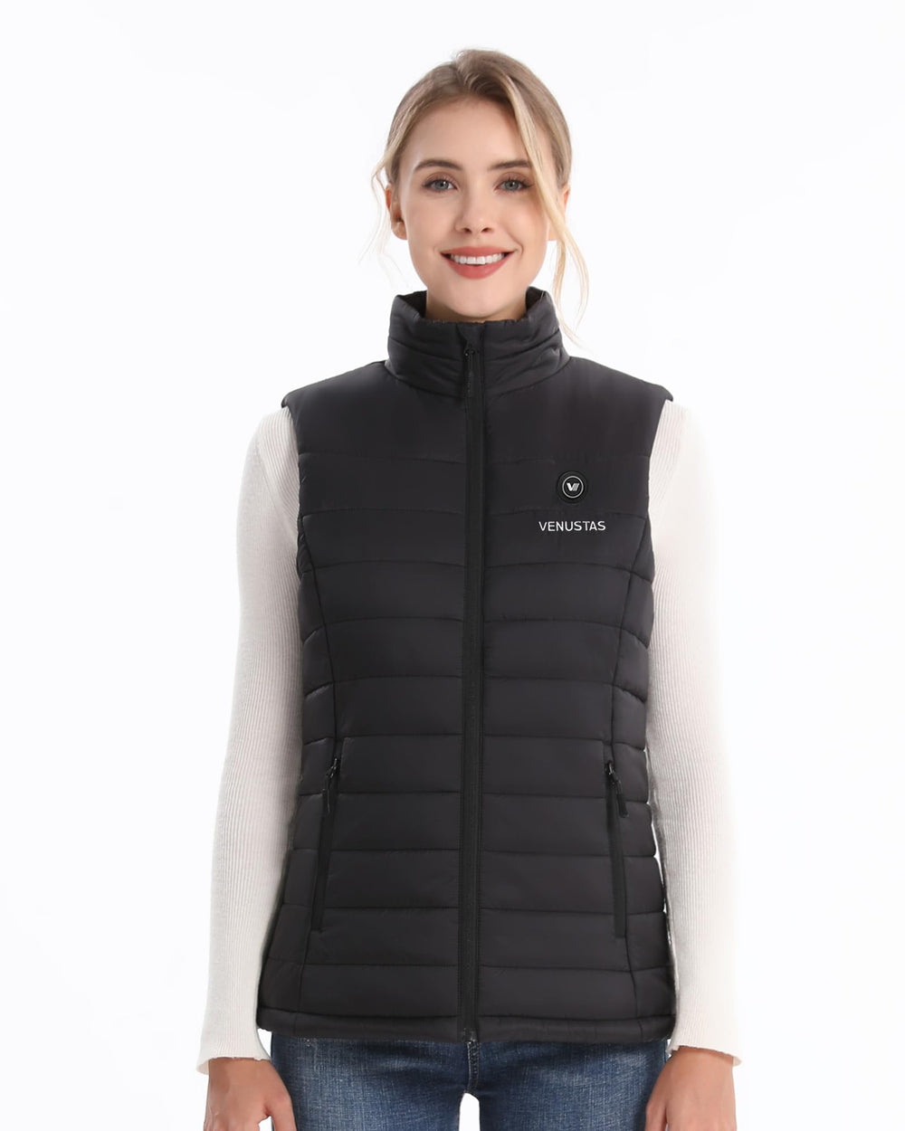 Venustas women's heated vest back view highlighting full-coverage warmth