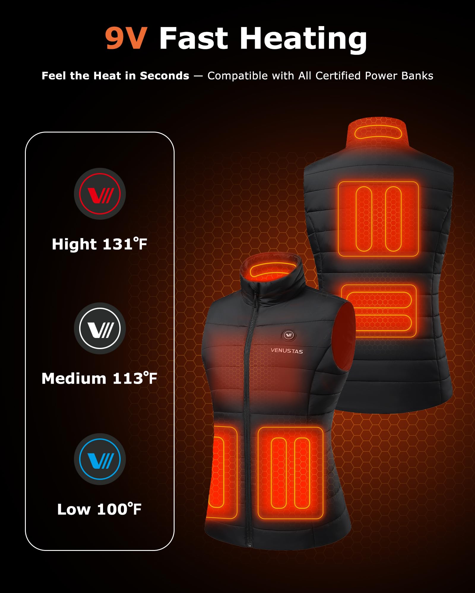 Venustas heated vest heat zones image displaying neck, back, and pockets warmth